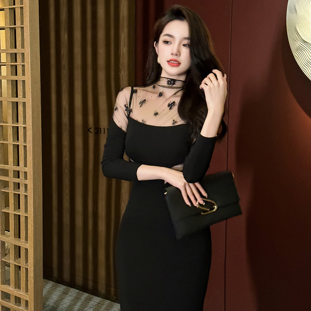 Sexy hollow, careful machine black turtleneck dress in the bottom of ...