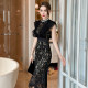 French Hepburn style sleeveless workwear dress, professional temperament, high-end feel, slim half-high collar, hip-hugging lace skirt