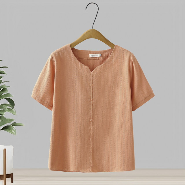 Short-sleeved pullover jacquard cotton shirt for women 2025 summer new style middle-aged and elderly mothers wear loose and fashionable top