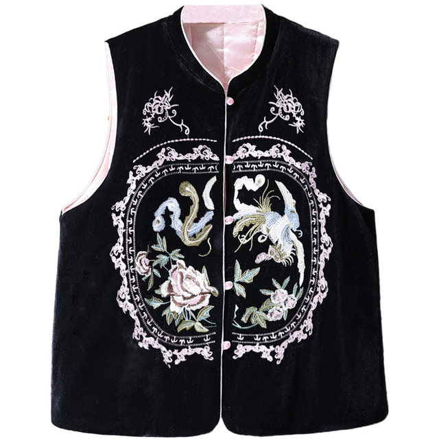 New Chinese style velvet and cotton vest jacket for women 2025 autumn and winter new national trend heavy industry embroidered stand collar top
