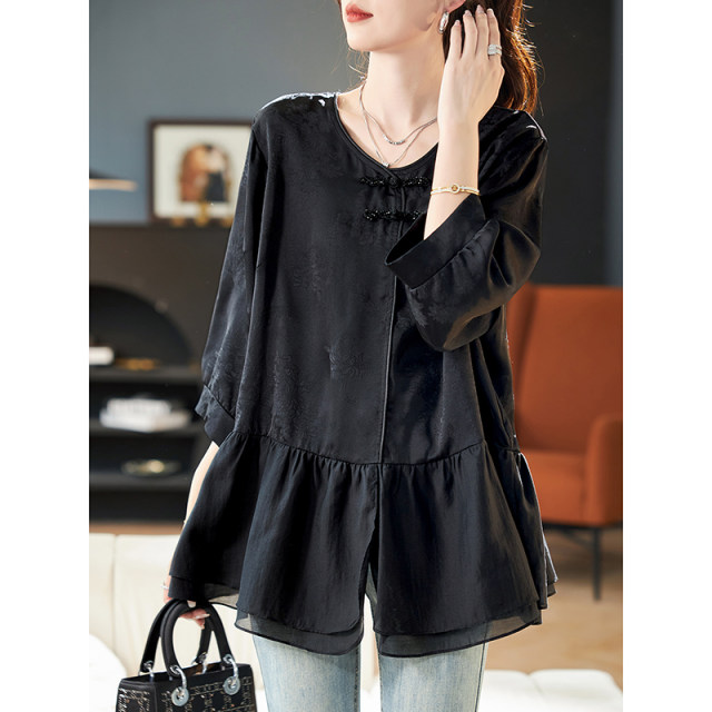 Baoshili round neck seven-quarter sleeve jacquard spliced ​​chiffon shirt 2025 spring temperament button casual fashionable shirt women