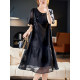 Baoshili round neck bead embroidered black dress 2025 summer temperament fashionable short-sleeved casual A-line skirt trendy