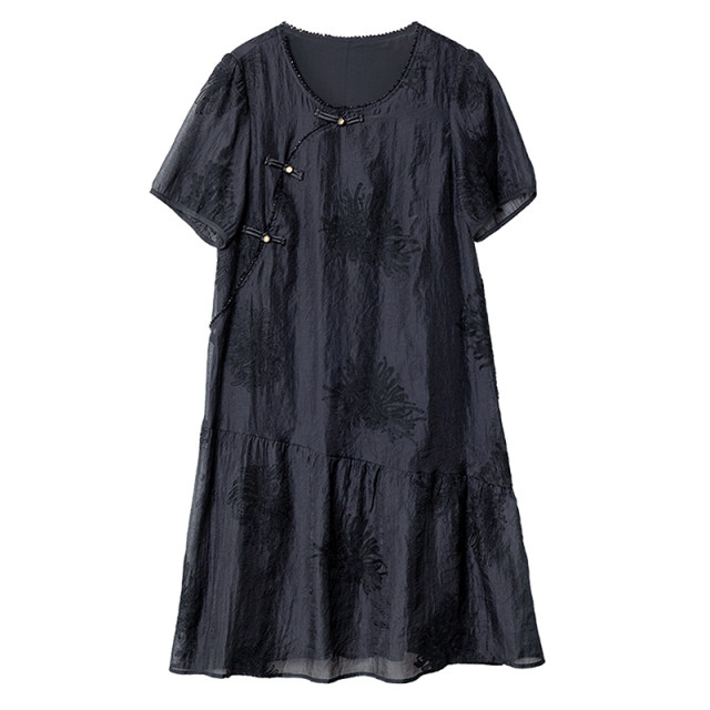 Baoshili round neck bead embroidered black dress 2025 summer temperament fashionable short-sleeved casual A-line skirt trendy
