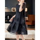 Baoshili round neck bead embroidered black dress 2025 summer temperament fashionable short-sleeved casual A-line skirt trendy