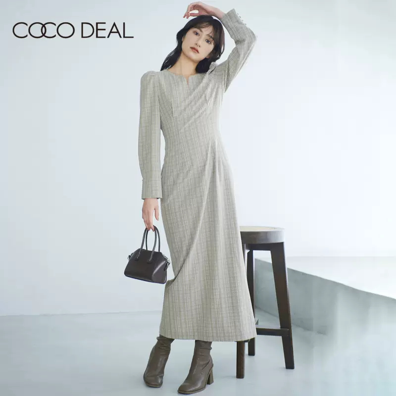 COCO DEAL 22春夏新款复古格纹收腰包臀长袖日系连衣裙女72115505 - Taobao