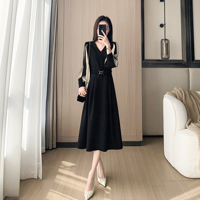 High-end French black dress for women 2025 new long-sleeved temperament waist-hugging A-line skirt spring little black skirt

