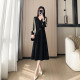 High-end French black dress for women 2025 new long-sleeved temperament waist-hugging A-line skirt spring little black skirt
