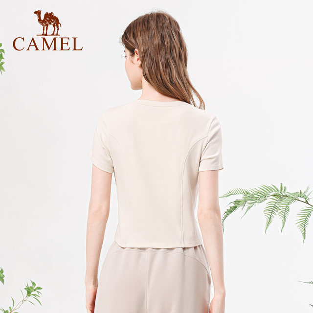 Camel women's short-sleeved T-shirt 2025 summer new style slim sun protection and cool breathable elastic shoulder t-short top
