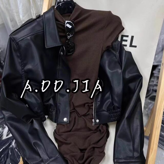 ADD Korean version early autumn new pure slim half high neck pleated design short-sleeved dress hot girl short skirt women