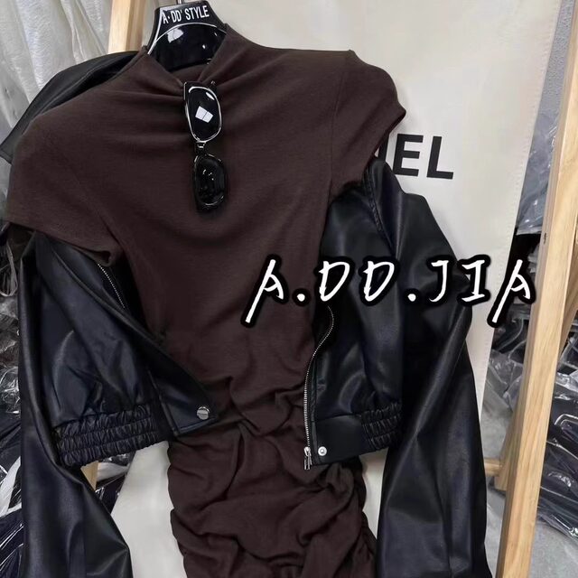 ADD Korean version early autumn new pure slim half high neck pleated design short-sleeved dress hot girl short skirt women