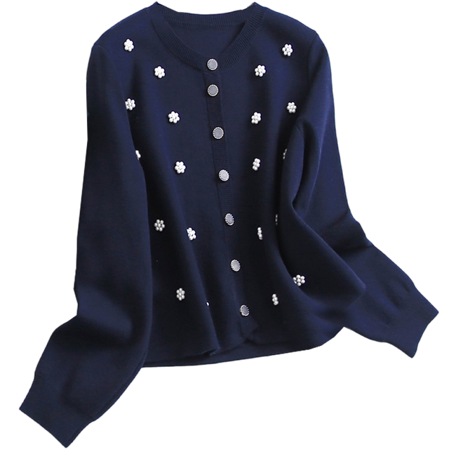 Beads loose and slimming two-piece set of round neck buttons layered vest 2024 autumn long-sleeved women's knitted sweater F687