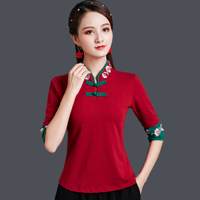 Ethnic style embroidered T-shirt for women short-sleeved spring clothes new Chinese style women's tops large size embroidered slim base shirt