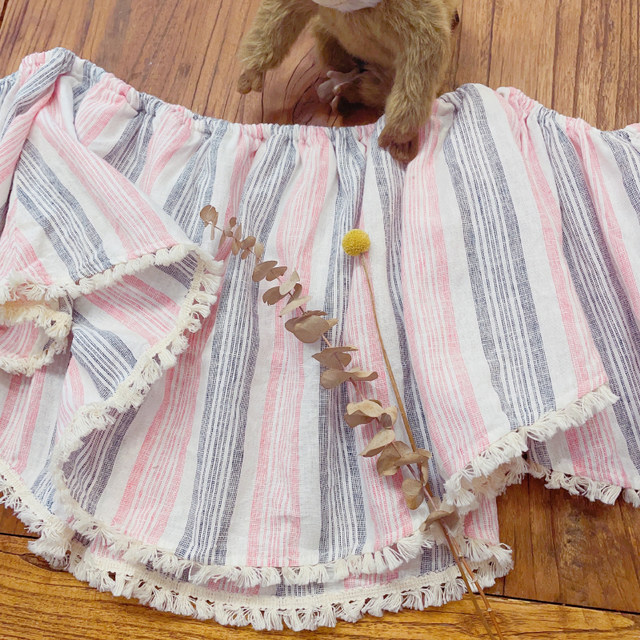 Rom2 sweet one-length off-shoulder style retro tassel gentle style pink vertical stripes flared sleeve doll shirt