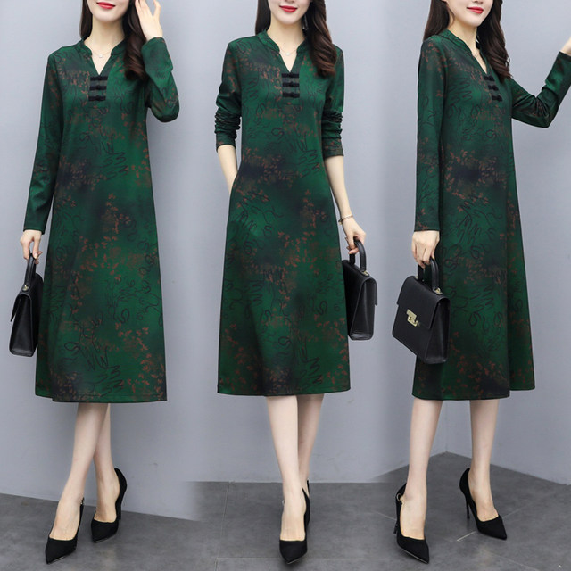 Middle-aged mother's wear spring and autumn cheongsam improved version dress temperament slimming over the knee long skirt age-reducing body-covering bottoming skirt
