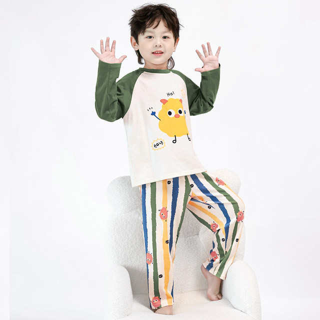Fenten boy pajamas spring and autumn pure cotton long sleeve suit boy cute cartoon children medium-sized children cotton home clothes