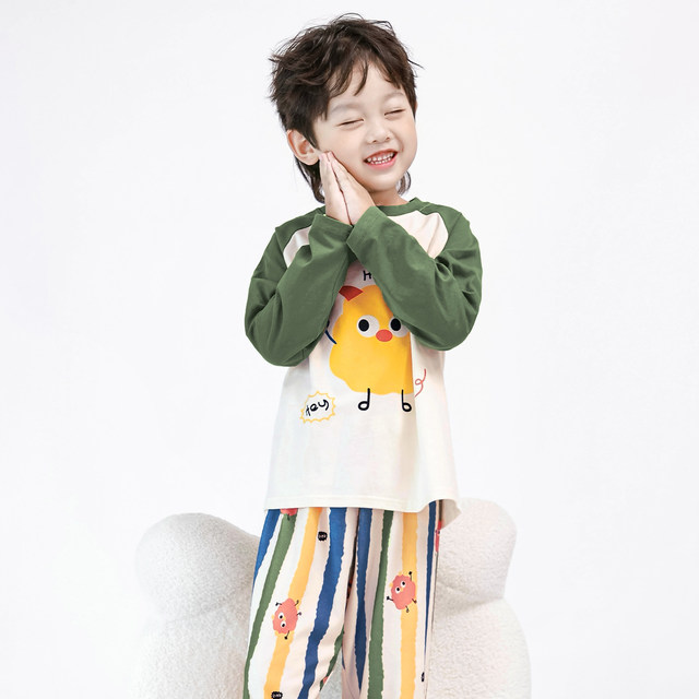 Fenten boy pajamas spring and autumn pure cotton long sleeve suit boy cute cartoon children medium-sized children cotton home clothes