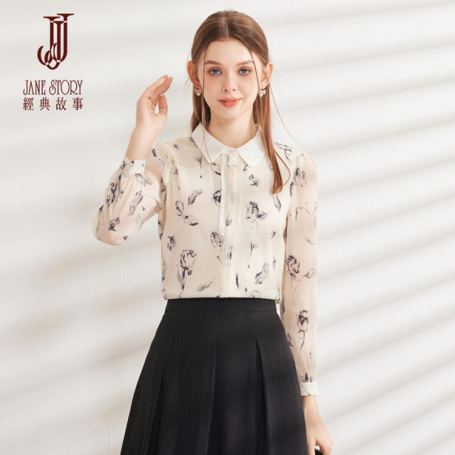 French puff sleeve shirt for women 2025 spring and autumn design sense rose printed shirt temperament retro long-sleeved top