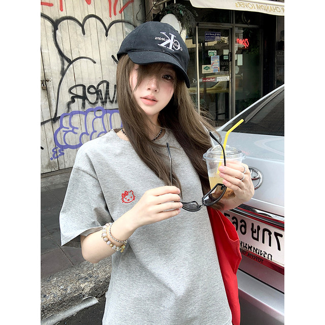 Ashy Snow kt head back printed embroidered loose short-sleeved T-shirt spring and summer white gray versatile lazy