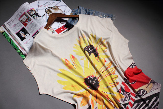 European 2024 summer new fashion printed yellow chrysanthemum loose ragander sleeves plus size slimming women's short sleeves
