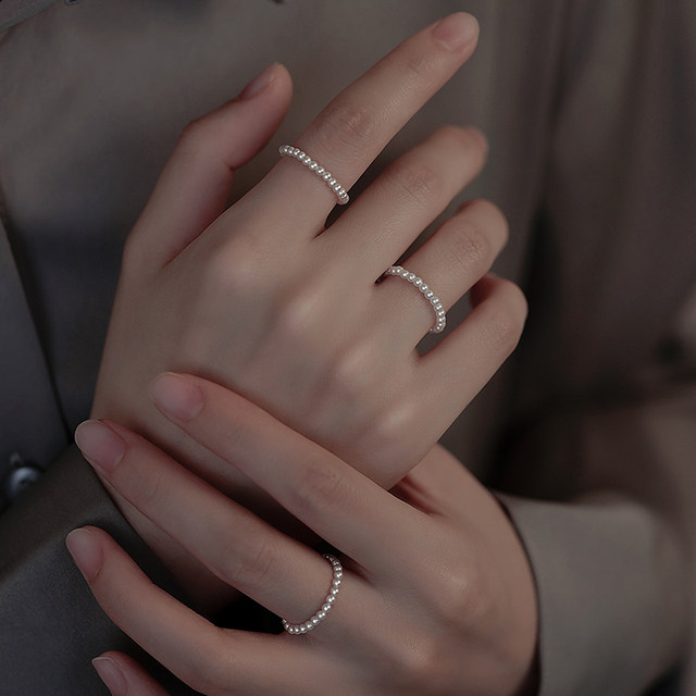 Alley South 925 sterling silver Shijia pearl ring stacked with plain ring ring niche high-end girls light luxury beaded index finger ring