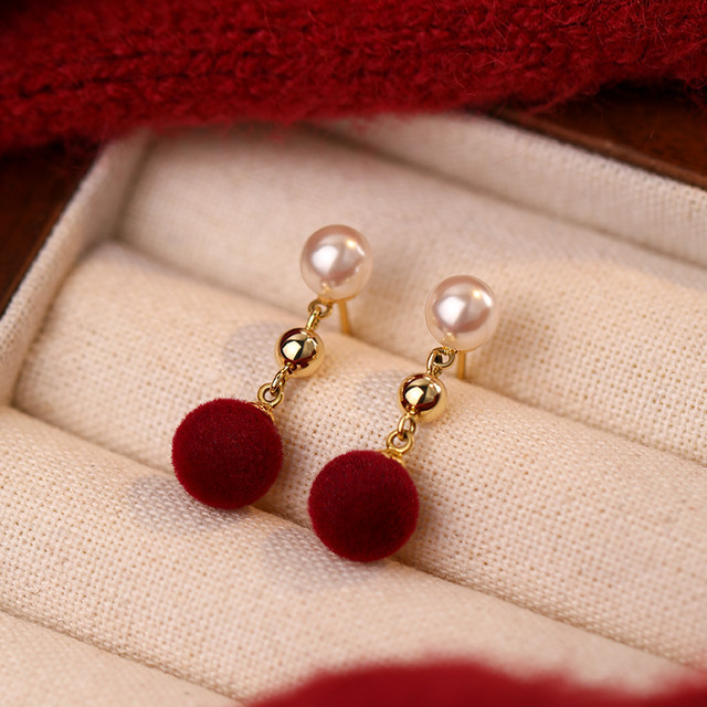 999 silver -red velvet ball pearl earrings This year's fate 2025 Snake New Year earrings New Year earrings
