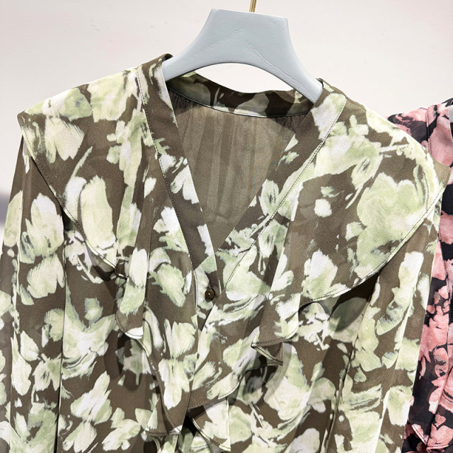 2025 new Korean style retro V-neck ruffle printed pullover long-sleeved chiffon shirt for women