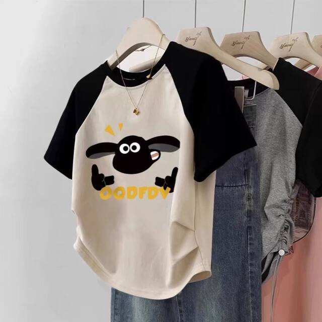 Spliced ​​straight shoulder rag-shoulder short sleeves for women 2025 summer new Korean style design printed casual round neck T-shirt short
