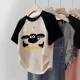 Spliced ​​straight shoulder rag-shoulder short sleeves for women 2025 summer new Korean style design printed casual round neck T-shirt short
