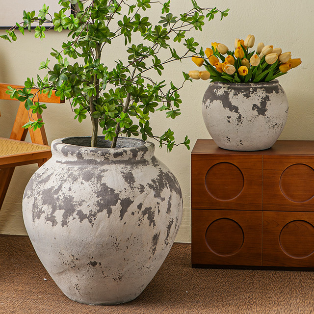Retro flower pot bottle vintage earthenware jar magnesium mud flower pot flower pot flower pot B&B Wasabi wind black diamond floor decoration ornament
