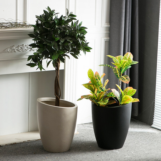 Light luxury high-end floor-standing slanted flower pot black diamond rubber tree bird of paradise lily bamboo magnesium mud flower pot large size