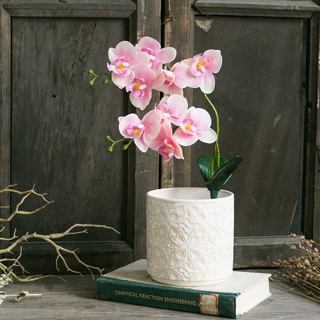 Nordic ceramic relief flower ice crack glaze Phalaenopsis flower pot retro home soft decoration light luxury art breathable simplicity