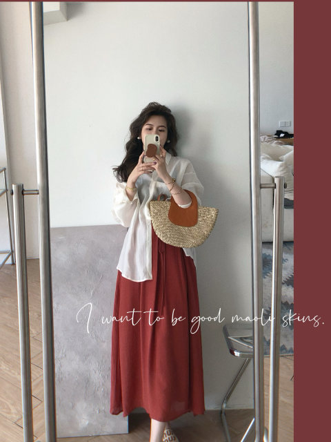 Mao Li Xiaosilang niche white brick red slim A-line tie half-body midi skirt for women

