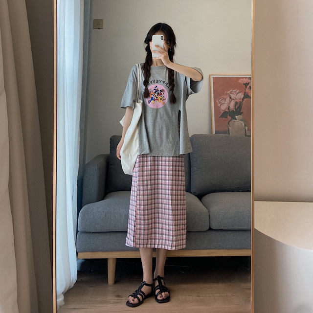 Paradise grid. Homemade soft girl sweet and cute contrasting color straight mid-length high-waisted skirt for women