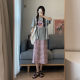 Paradise grid. Homemade soft girl sweet and cute contrasting color straight mid-length high-waisted skirt for women
