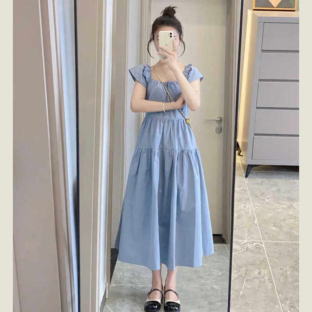 French square neck small flying sleeves loose high waist slim dress for women summer blue gentle style fairy skirt
