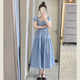 French square neck small flying sleeves loose high waist slim dress for women summer blue gentle style fairy skirt