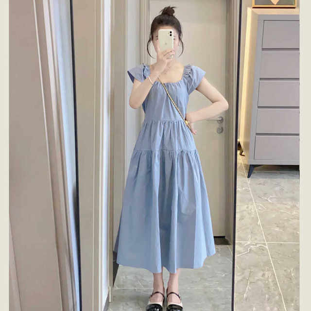 French square neck small flying sleeves loose high waist slim dress for women summer blue gentle style fairy skirt
