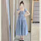 French square neck small flying sleeves loose high waist slim dress for women summer blue gentle style fairy skirt
