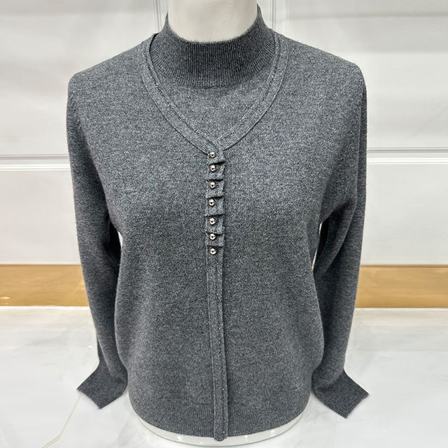 Mother's cardigan sweater winter half turtleneck bottoming knitted top middle-aged and elderly fashion women's red cashmere sweater