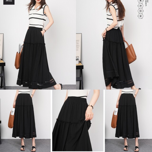 
2025 summer new style sweet lace hollow mid-length large hem skirt for women with high waist covering belly and slim skirt
