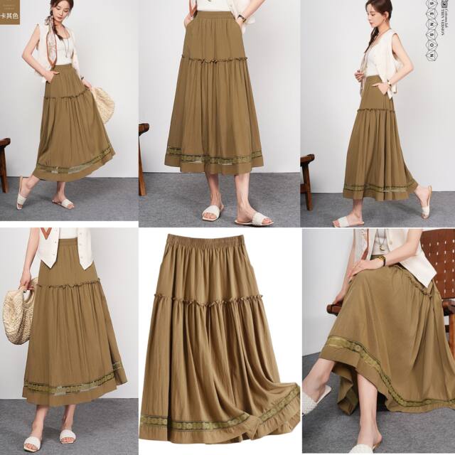 
2025 summer new style sweet lace hollow mid-length large hem skirt for women with high waist covering belly and slim skirt