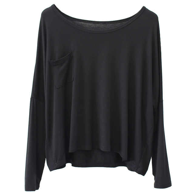 Pocket Modal long-sleeved T-shirt for women in spring, European and American style, versatile loose black and white gray short blouse top trendy