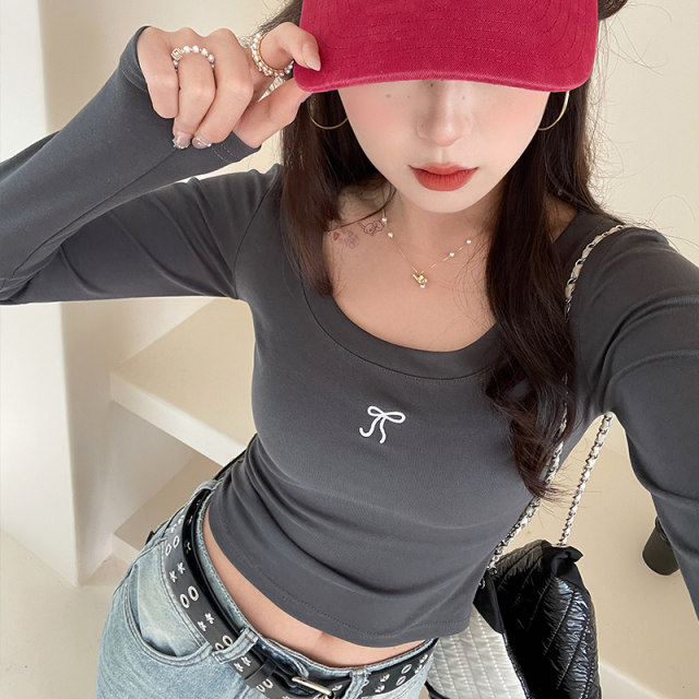 Gray U-neck embroidered long-sleeved T-shirt for women 2025 summer new design thin half-sleeved slim short top