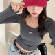Gray U-neck embroidered long-sleeved T-shirt for women 2025 summer new design thin half-sleeved slim short top