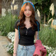 Red short V-neck front shoulder short-sleeved T-shirt women's new summer 2025 new slim and unique beautiful half-sleeved top