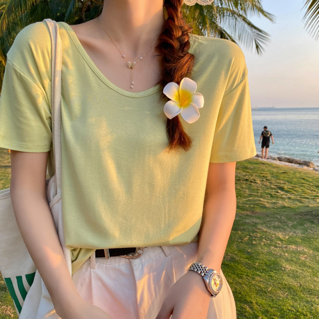 Green V-neck Modal front shoulder short-sleeved T-shirt for women 2025 summer new style for loose slim base top