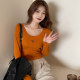 Gray U-neck embroidered long-sleeved T-shirt for women 2025 summer new design thin half-sleeved slim short top