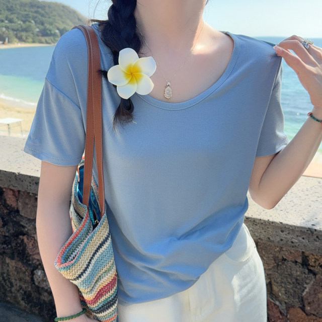 Green V-neck Modal front shoulder short-sleeved T-shirt for women 2025 summer new style for loose slim base top
