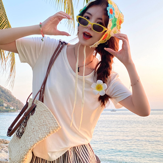 Green V-neck Modal short-sleeved T-shirt for women's summer 2025 new style for loose slimming ice silk top