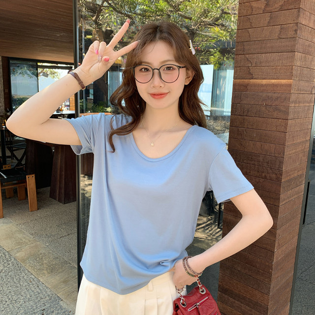 Longmei’s green V-neck modal short-sleeved T-shirt for women 2025 summer new loose slimming dopamine top